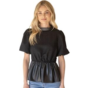 Voy Black Faux Leather Peplum Top Puffed Short Sleeve Textured Moto Chic SM